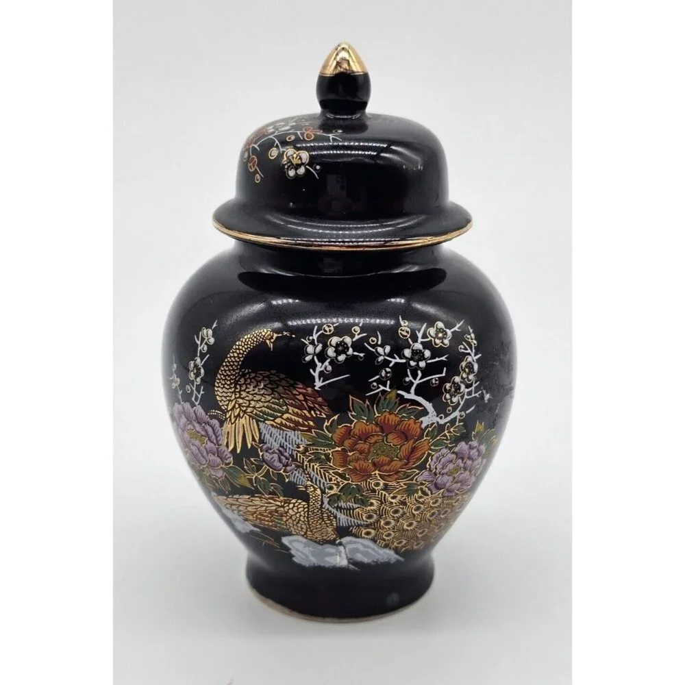 Asahi Japan Vase Black Floral Porcelain Peacock Ginger Jar Urn with Lid